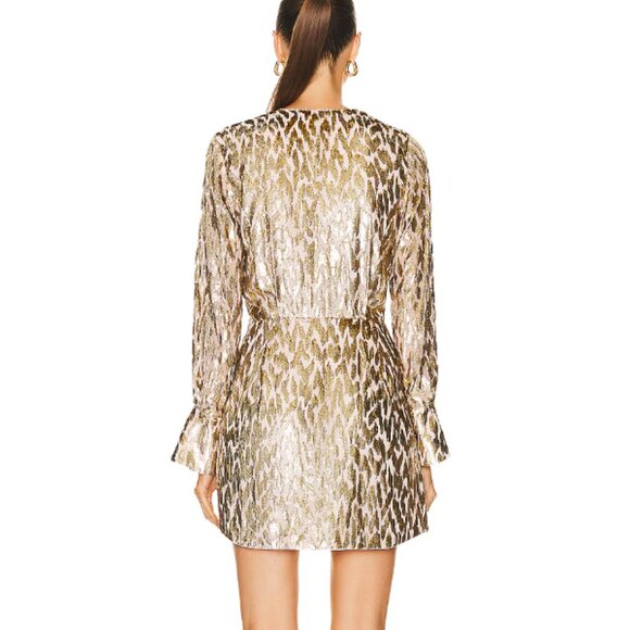 SIMKHAI Camryn Mini Wrap Dress Gold Metalic Silk Lurex 00 NWT $595 - Picture 3 of 10